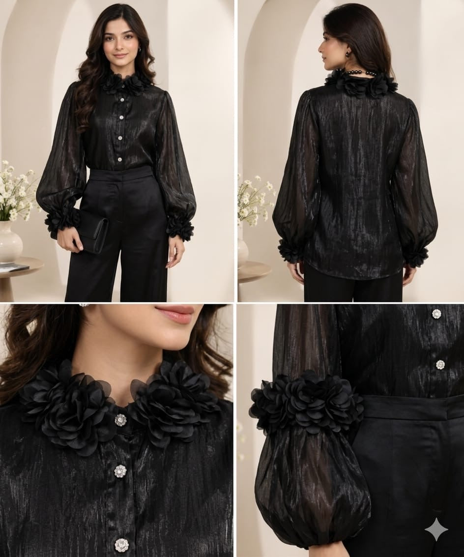 Elegant Black Floral Organza Shirt