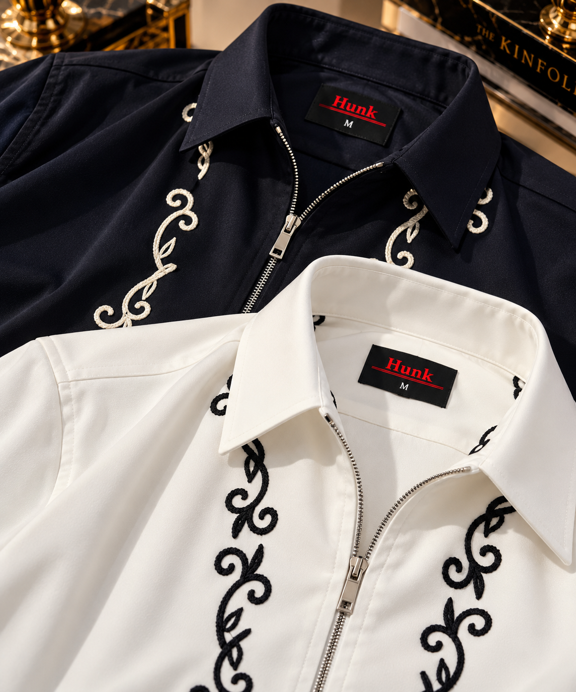 Scroll Embroidered Zip-Front Long Sleeve Shirt