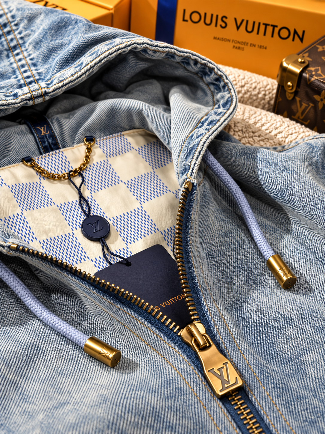 Premium OG Light-Wash Hooded Denim Jacket with Checked Interior Lining