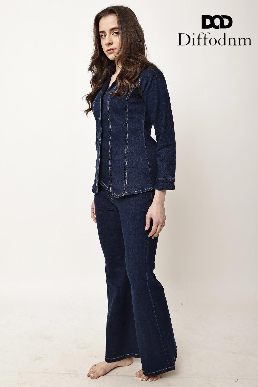 Women’s Dark Wash Fitted Denim Shirt & Bootcut Jeans Two-Piece Co-Ord Set