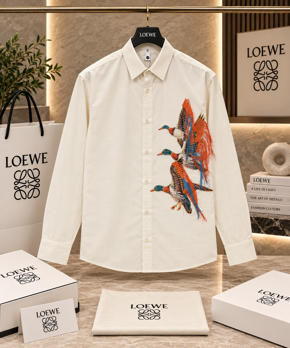 Men’s Flying Mallard Embroidered Button-Down Shirt with Fringed Thread Details