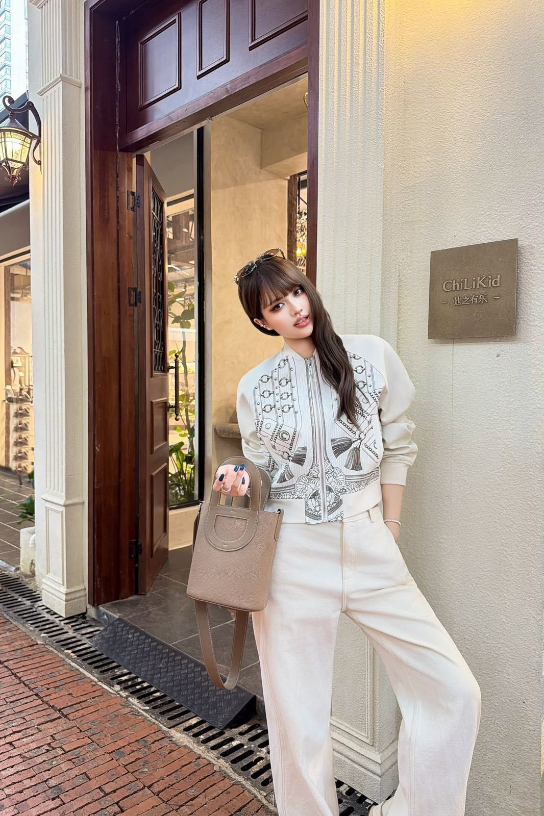 Printed Silk-Style Cropped Bomber Jacket in Cream