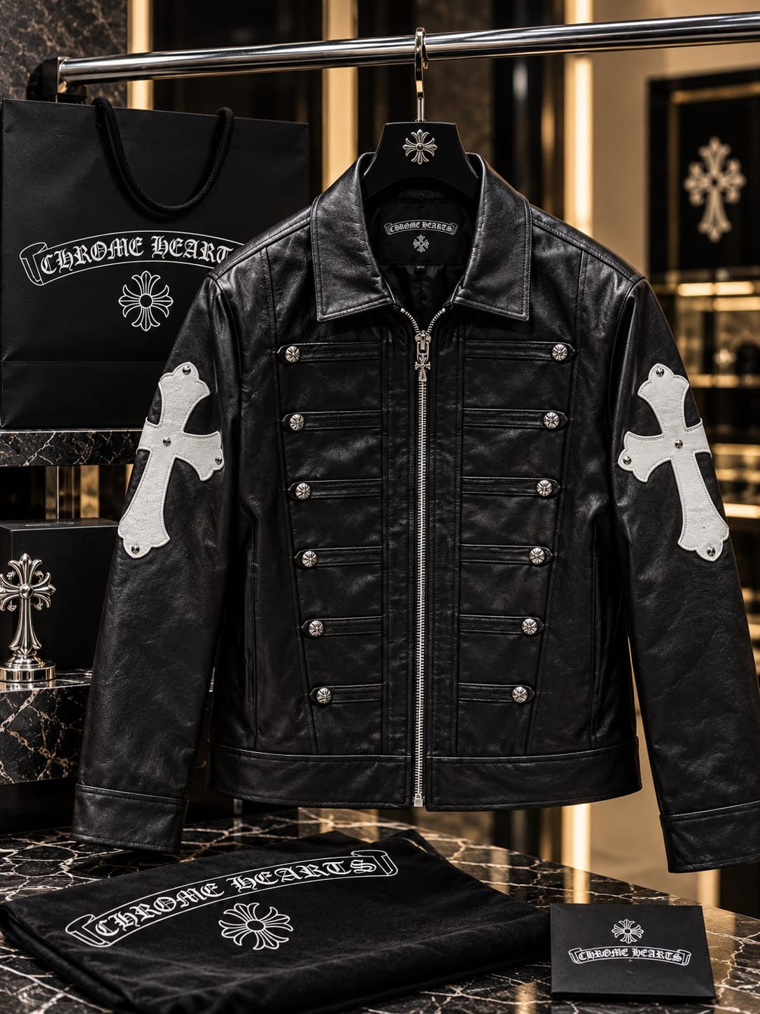 Men's Gothic Cross Military Leather Jacket