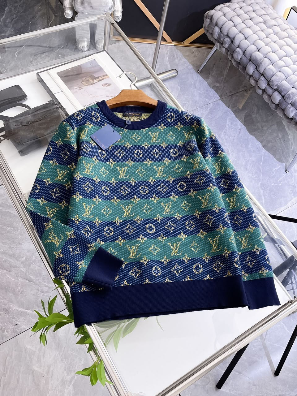 Men’s Striped Monogram Jacquard Knit Crewneck Sweater in Navy & Green