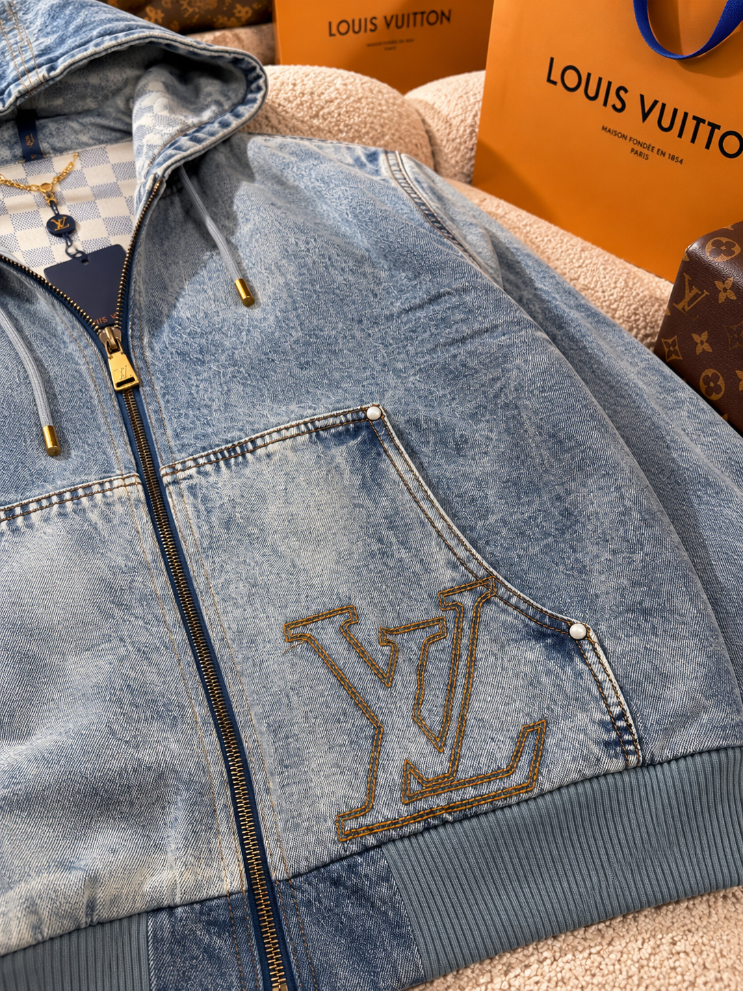 Premium OG Light-Wash Hooded Denim Jacket with Checked Interior Lining