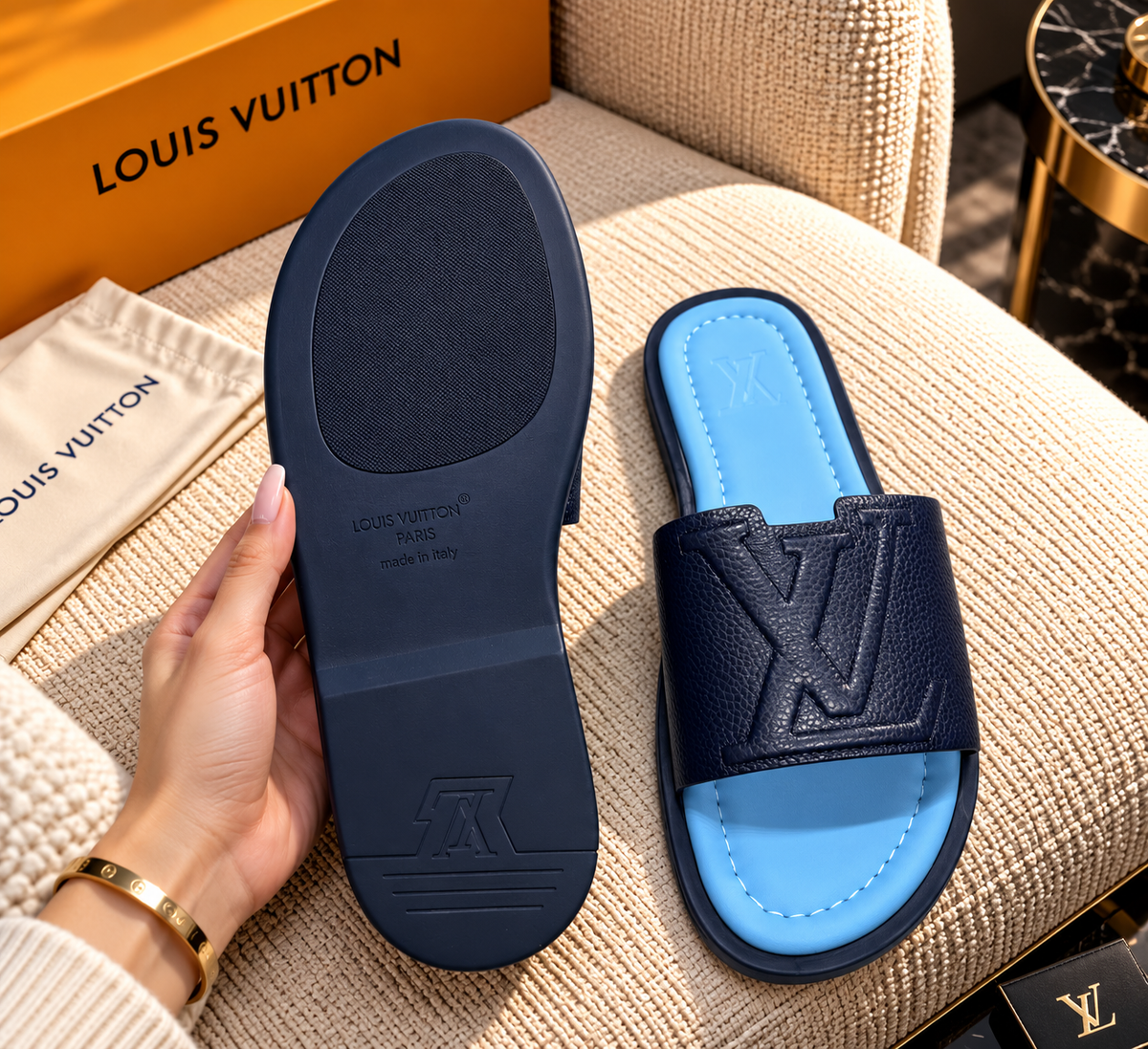 Embossed Leather Open-Toe Pool Slides / Mule Sandals