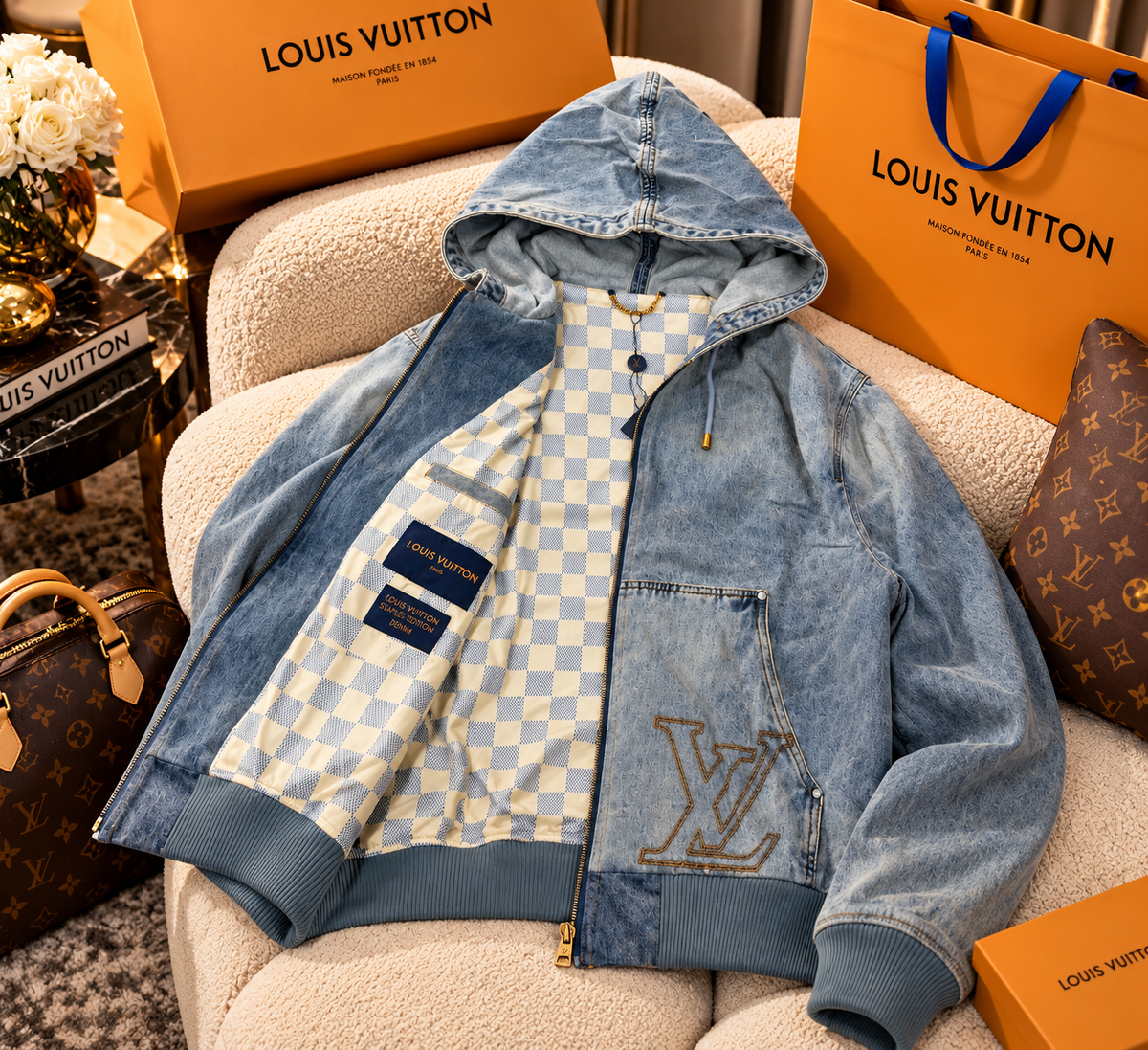 Premium OG Light-Wash Hooded Denim Jacket with Checked Interior Lining