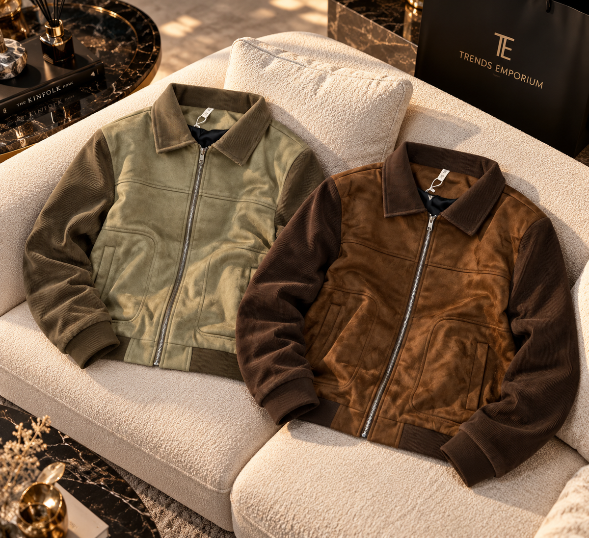 Men's Dual-Texture Suede & Corduroy Utility Bomber Jacket