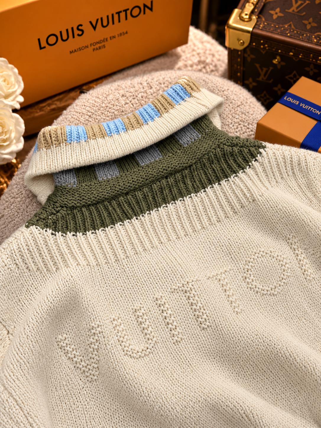 Chunky Off-White Zip-Up Knit Cardigan with Checkered High Collar