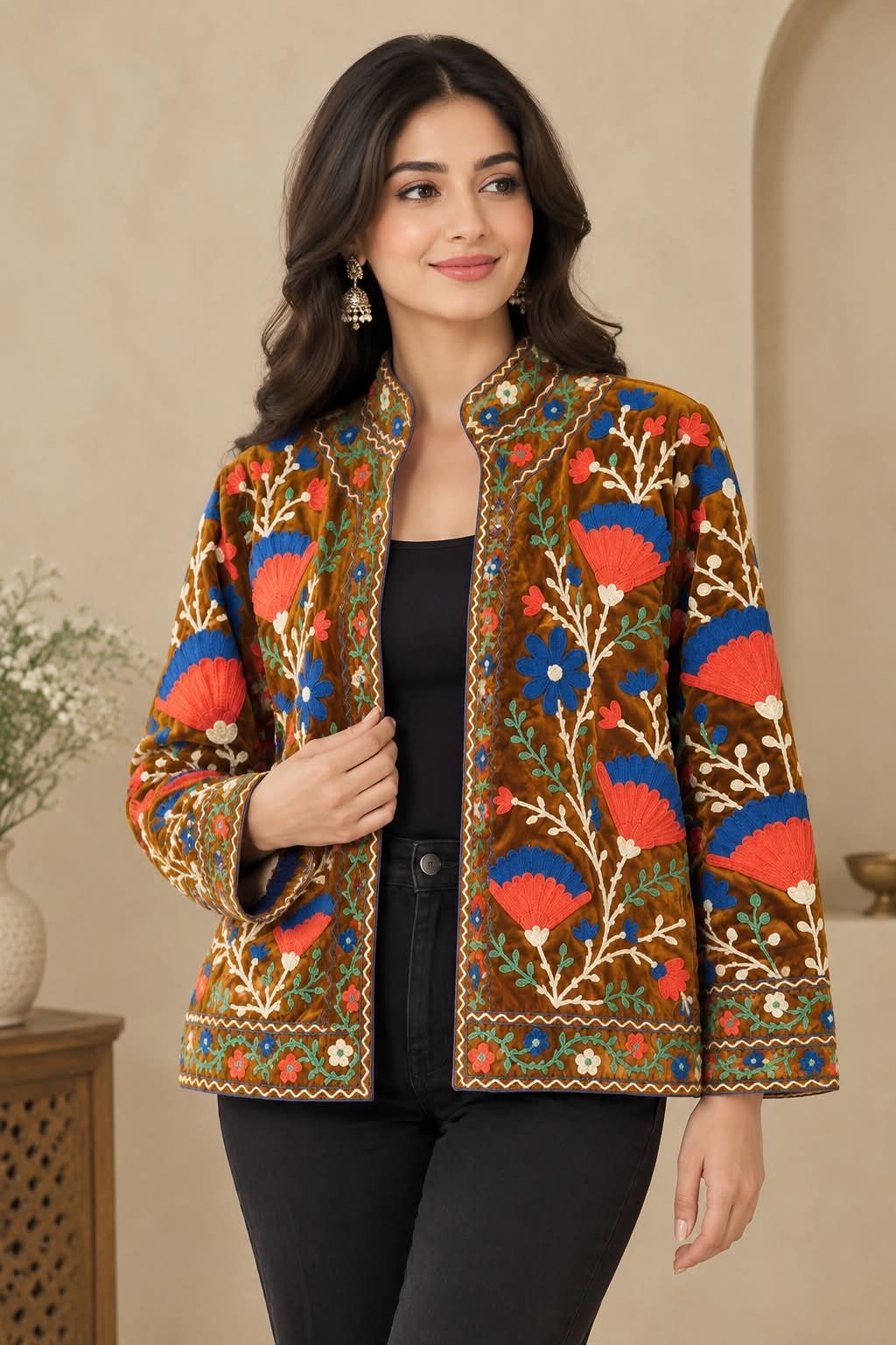 Women's Boho Floral & Peacock Embroidered Open-Front Jacket