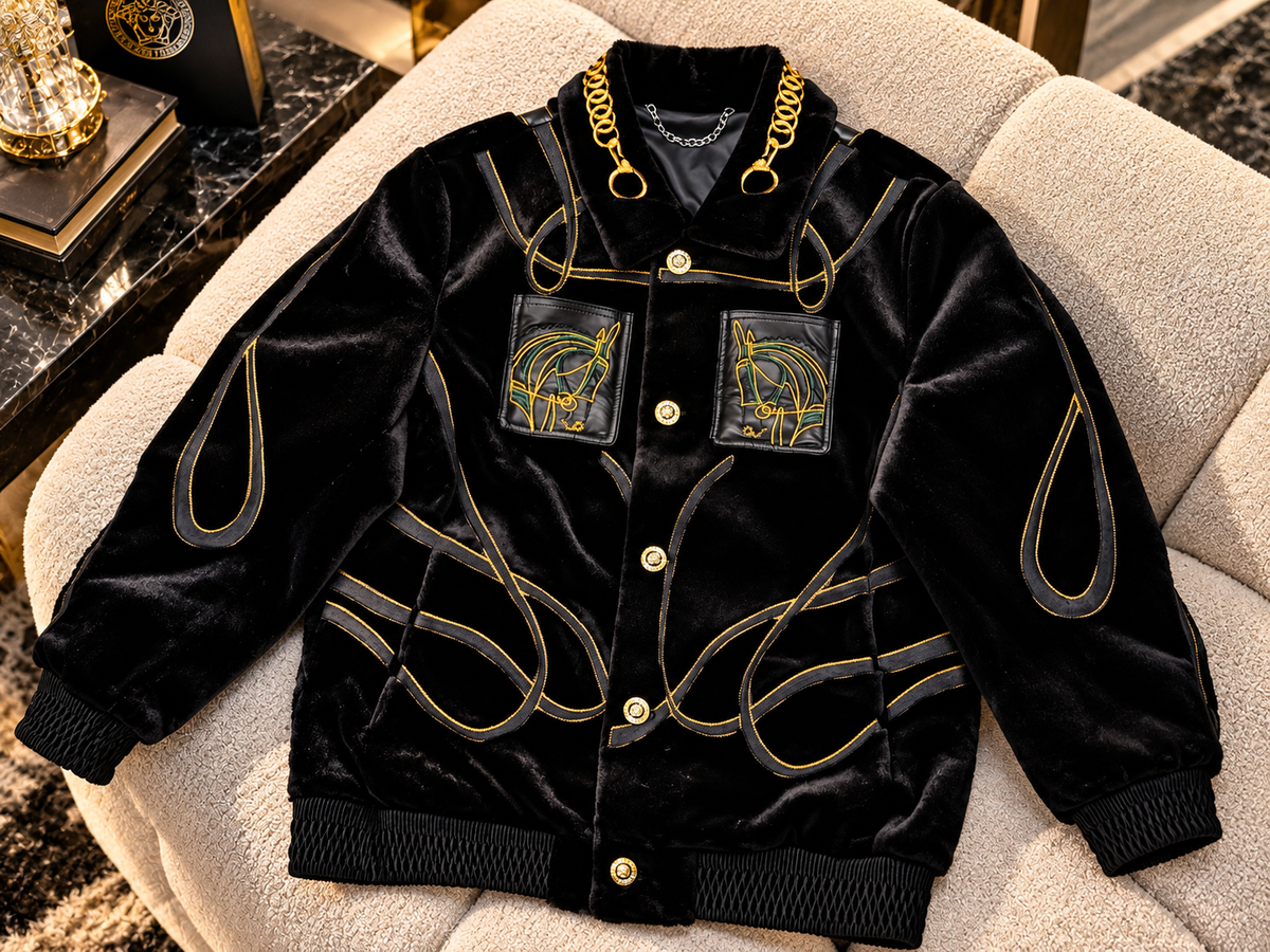 "The Sovereign Heir" – Black Velvet Gold-Chain Trimmed Equestrian Bomber Jacket