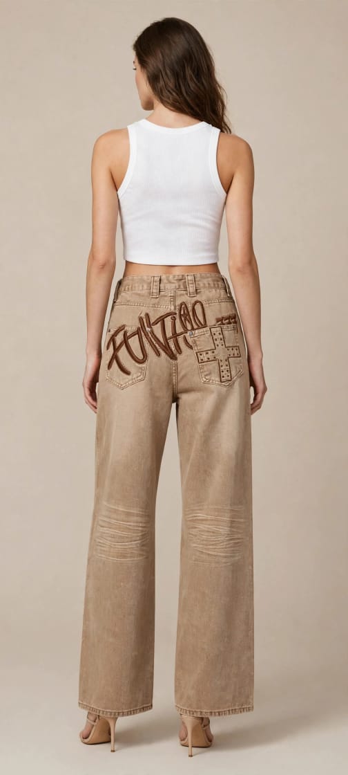 Vintage Washed Wide-Leg Statement Jeans