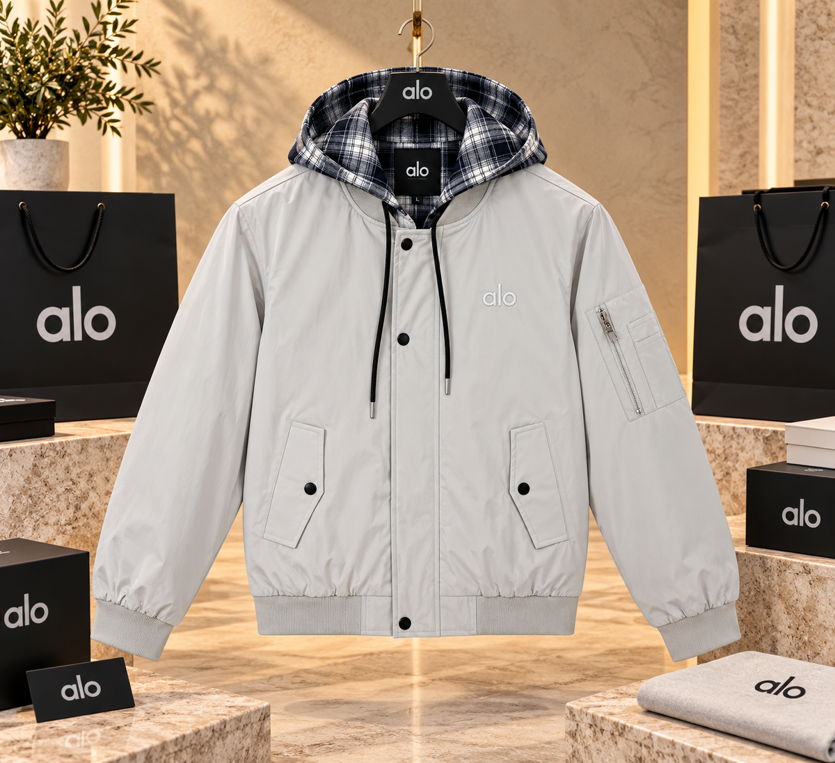 Unisex Plaid-Lined Hooded Utility Bomber Jacket