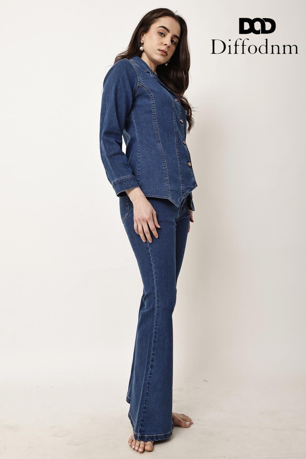 Women’s Dark Wash Fitted Denim Shirt & Bootcut Jeans Two-Piece Co-Ord Set