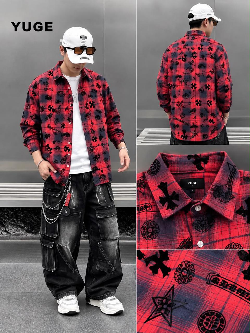 Cross Printed Plaid Oversized Flannel Shirt