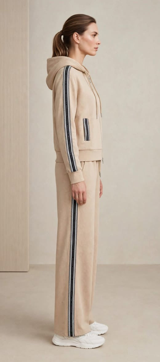 Women's Full-Zip Hoodie & Wide-Leg Sweatpants Set with Patterned Side Stripes
