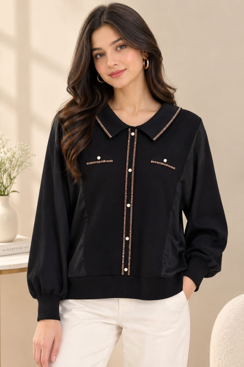 Elegant Pearl-Button Long-Sleeve Top with Ribbed Trim