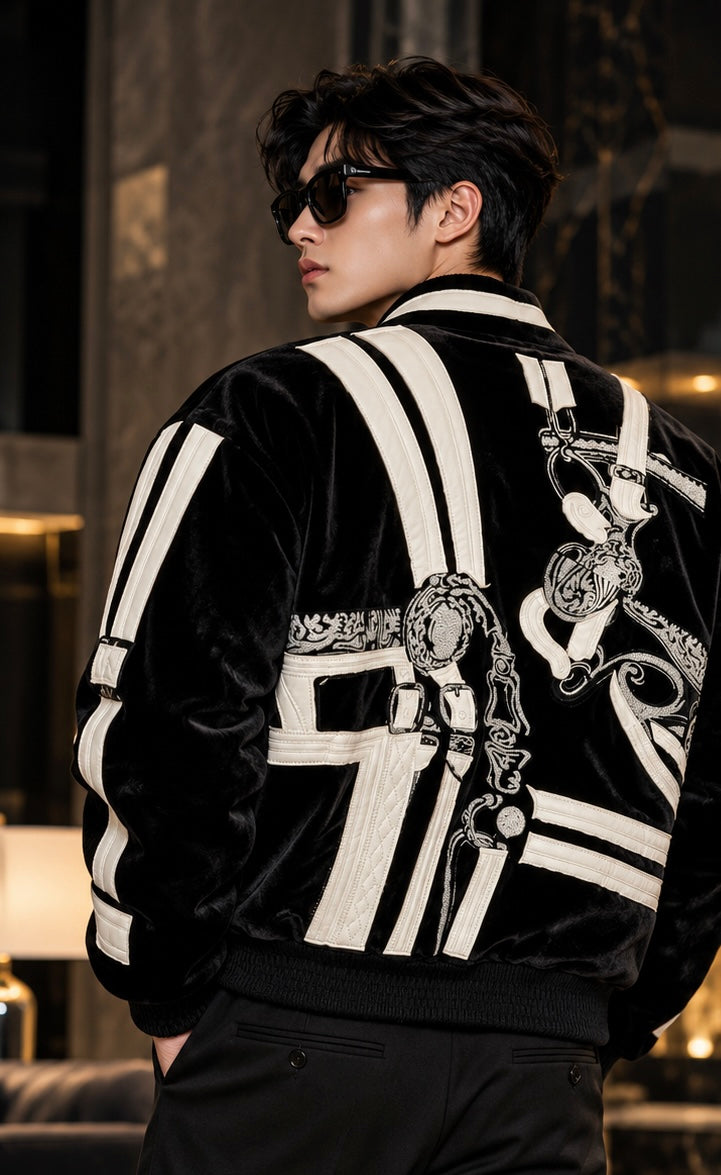 "The Harness Heritage" – Black and White Velvet Equestrian Bomber Jacket