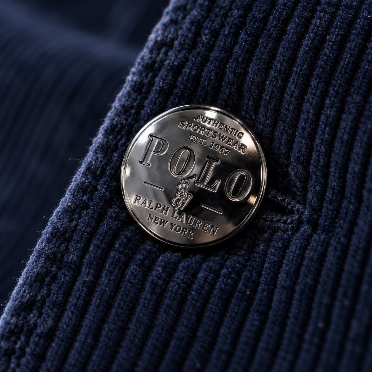 Navy Corduroy Varsity Letterman Jacket with Chenille Patch & Back Typography