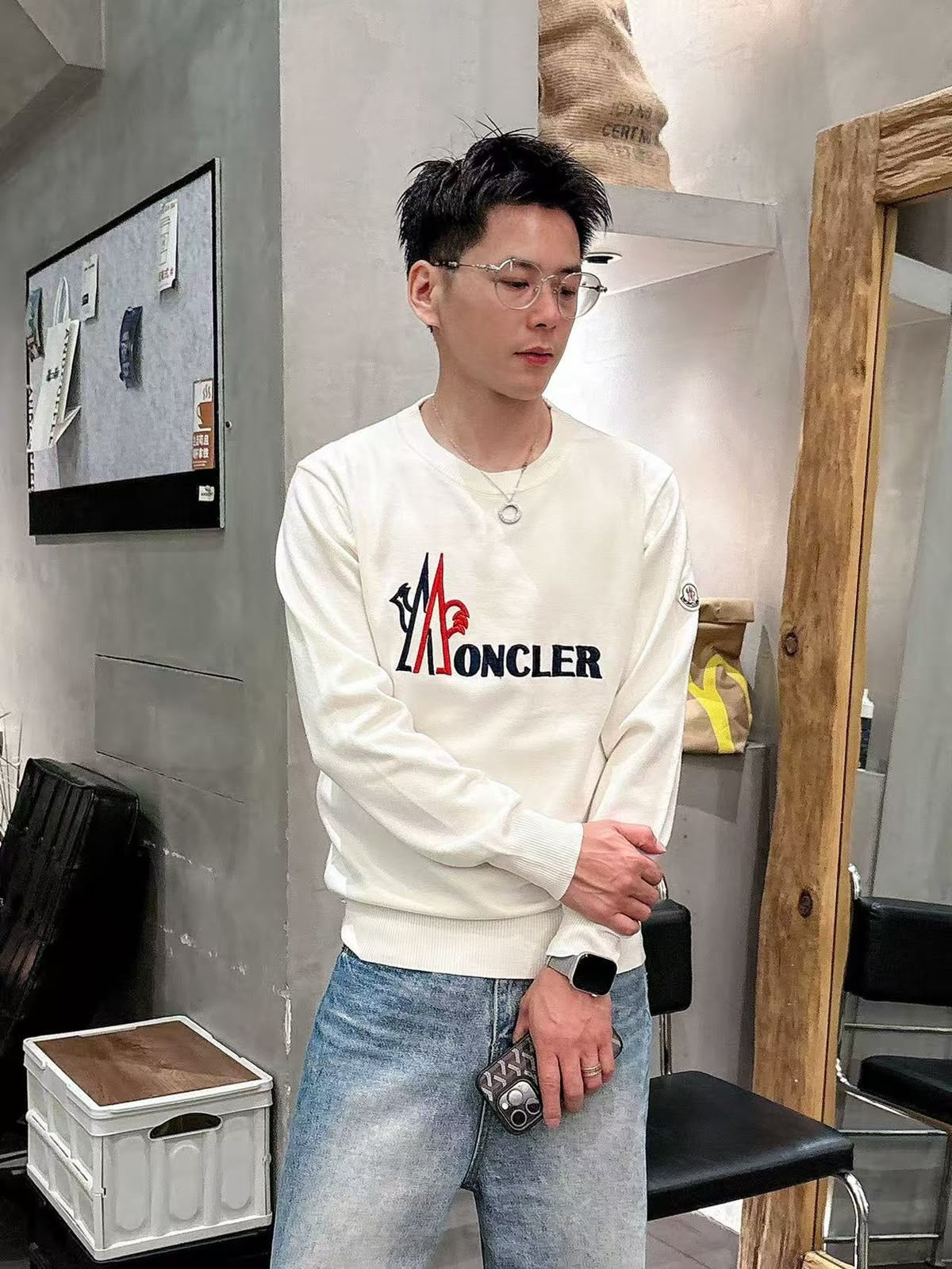 Casual Long-Sleeve Graphic Knit Pullover with Sleeve Badge Detail