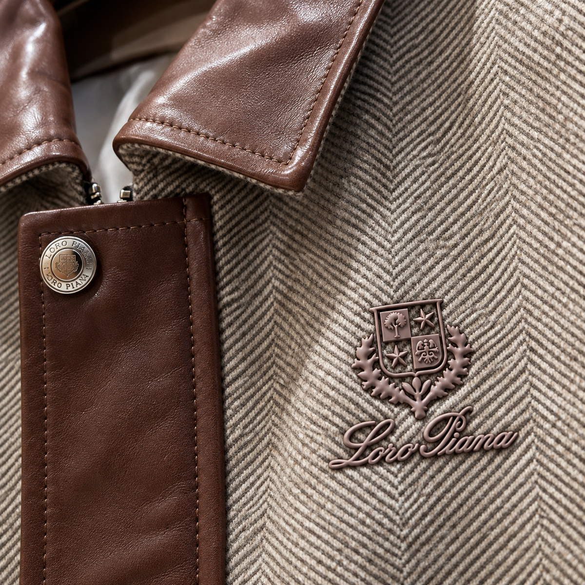 Herringbone Wool & Genuine Leather Bomber Jacket – Premium Contrast Sleeve Vintage Flight Jacket