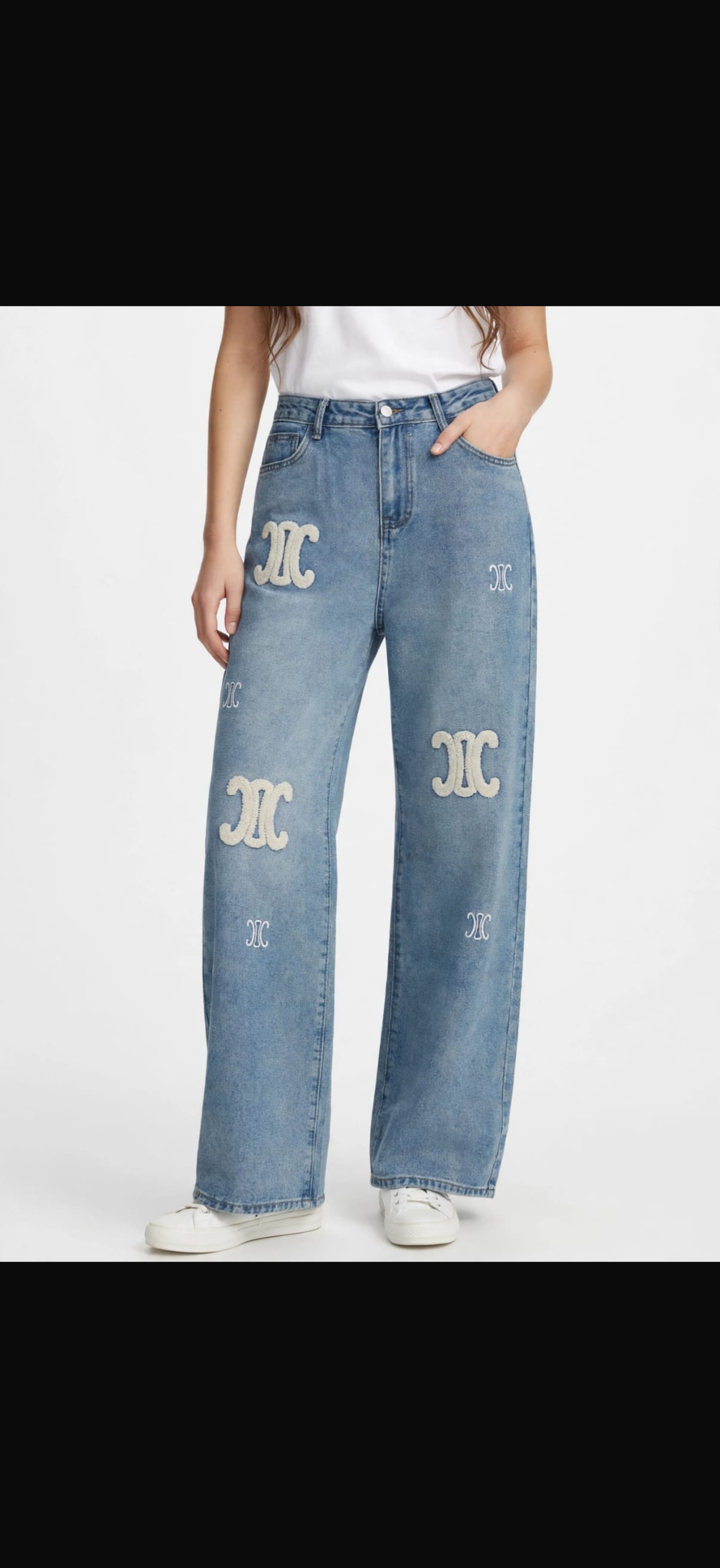 Women's High-Rise Wide-Leg Denim Jeans with Fold-Over Embroidered Hem