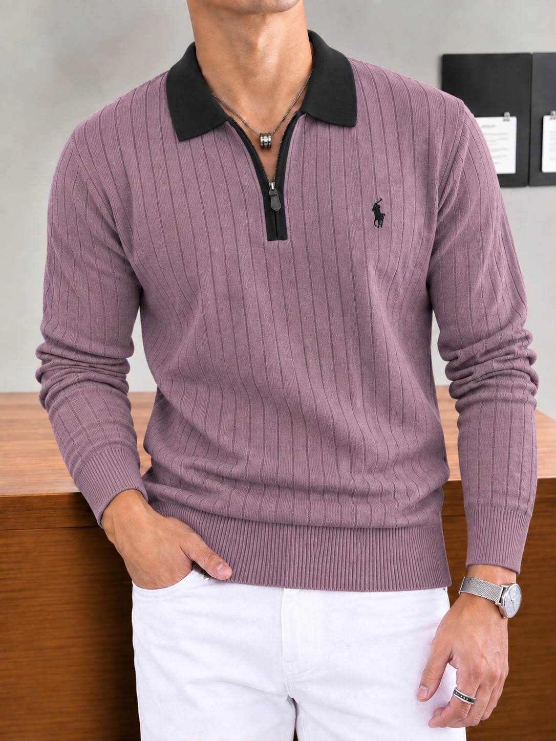 Slim Fit Two-Tone Half-Zip Ribbed Sweater Polo