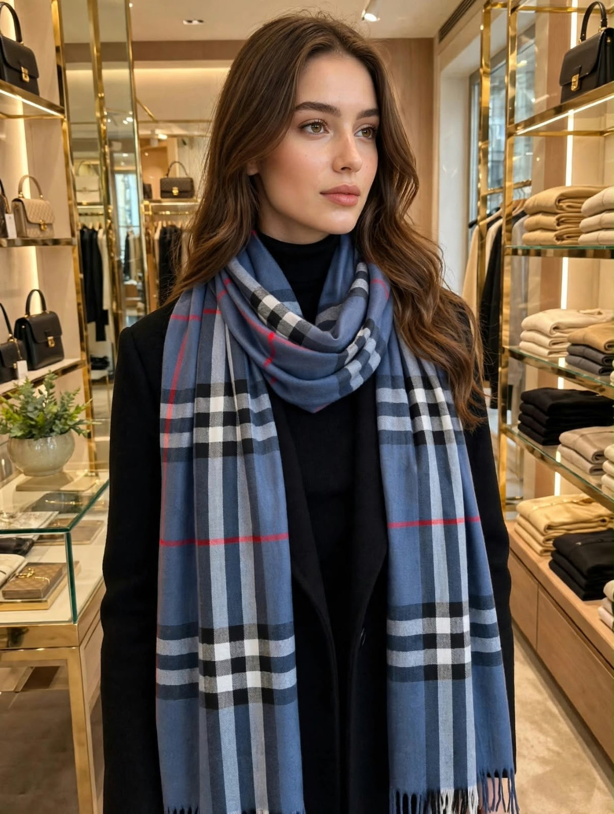 Unisex Classic Plaid Check Cashmere-Feel Scarf with Fringe Trim