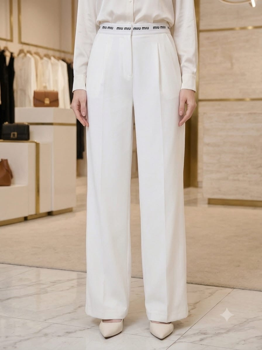 Women's High-Waisted Pleated Wide-Leg Trousers with Elastic Logo Waistband