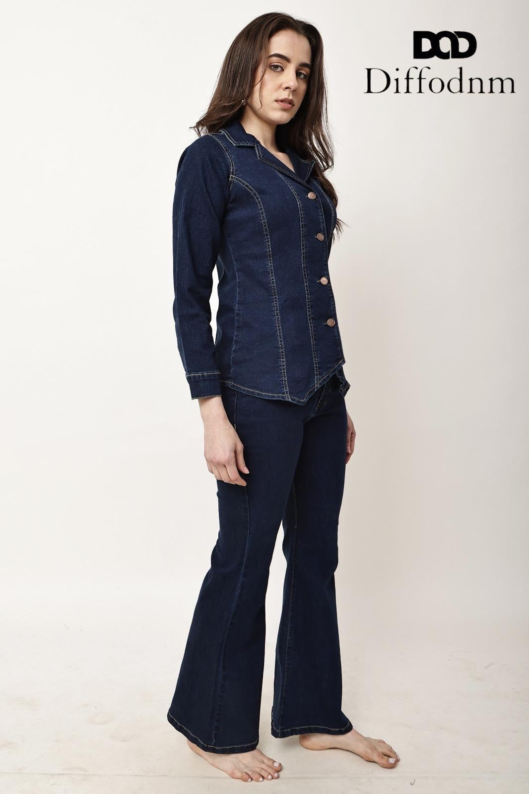 Women’s Dark Wash Fitted Denim Shirt & Bootcut Jeans Two-Piece Co-Ord Set