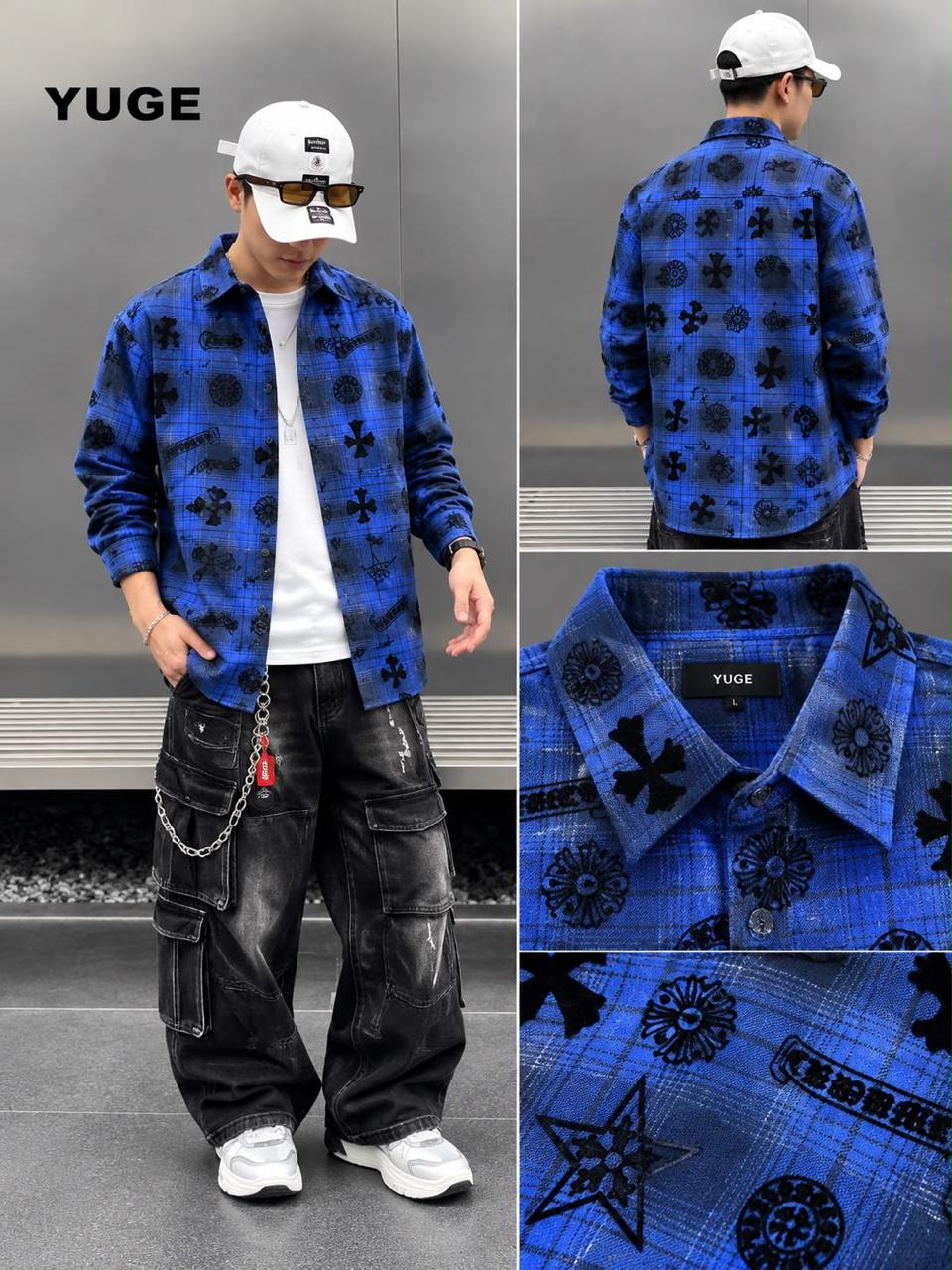 Cross Printed Plaid Oversized Flannel Shirt