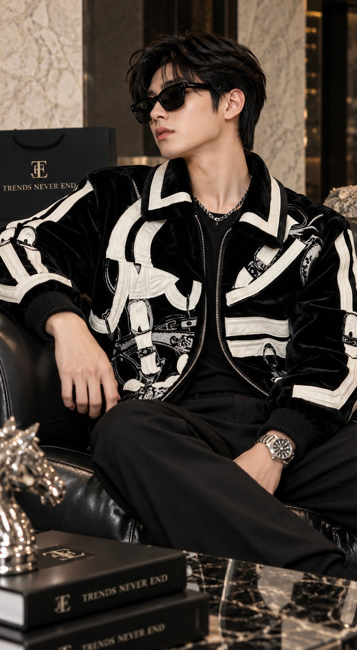 "The Harness Heritage" – Black and White Velvet Equestrian Bomber Jacket