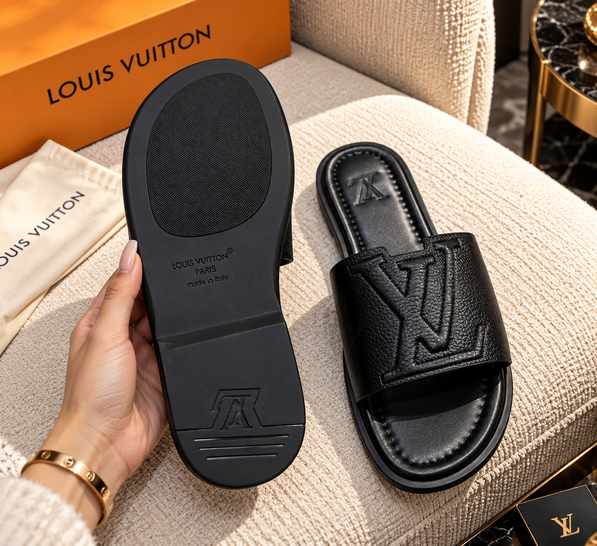 Embossed Leather Open-Toe Pool Slides / Mule Sandals