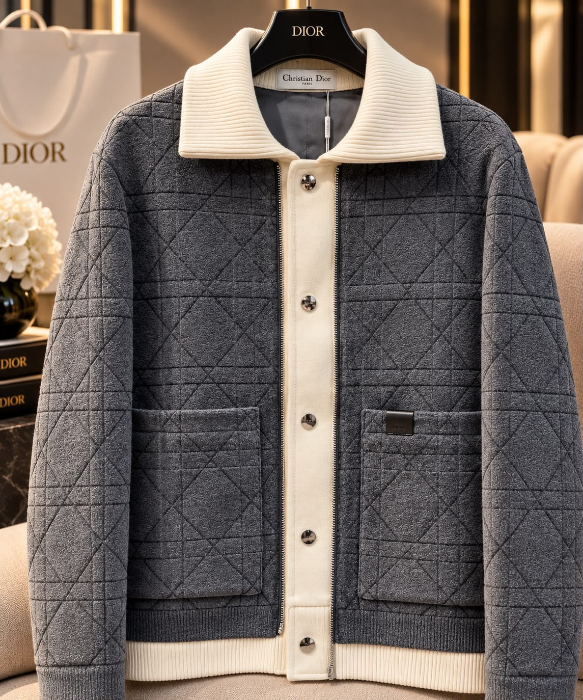 Cannage Quilted Two-Tone Zipped Jacket