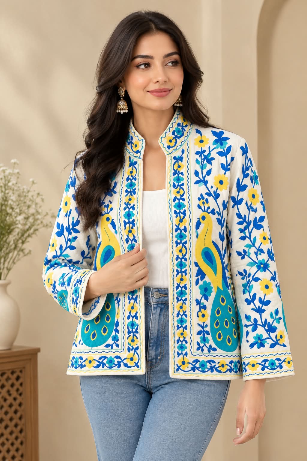 Women's Boho Floral & Peacock Embroidered Open-Front Jacket