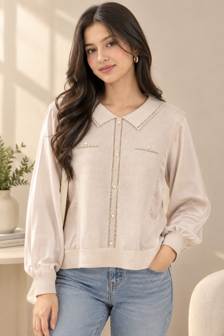 Elegant Pearl-Button Long-Sleeve Top with Ribbed Trim
