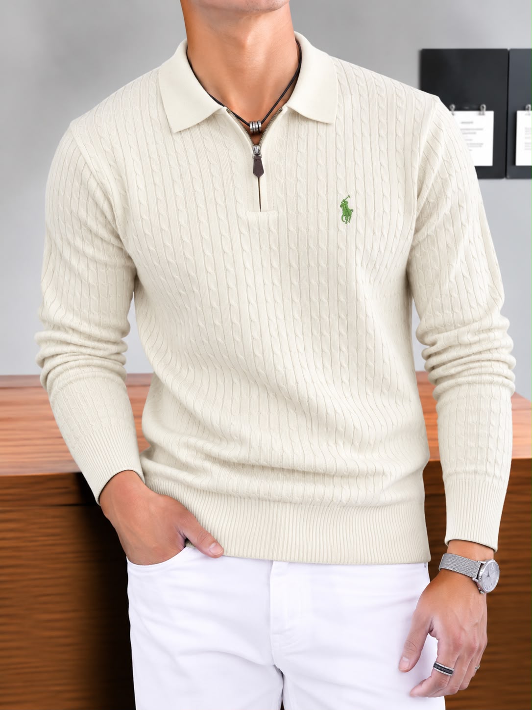 Men's Quarter-Zip Cable Knit Sweater with Spread Collar