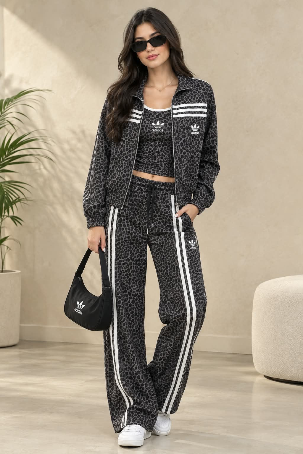 Women's Animal Print 3-Piece Tracksuit & Crop Tank Set