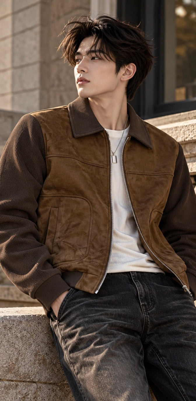 Men's Dual-Texture Suede & Corduroy Utility Bomber Jacket