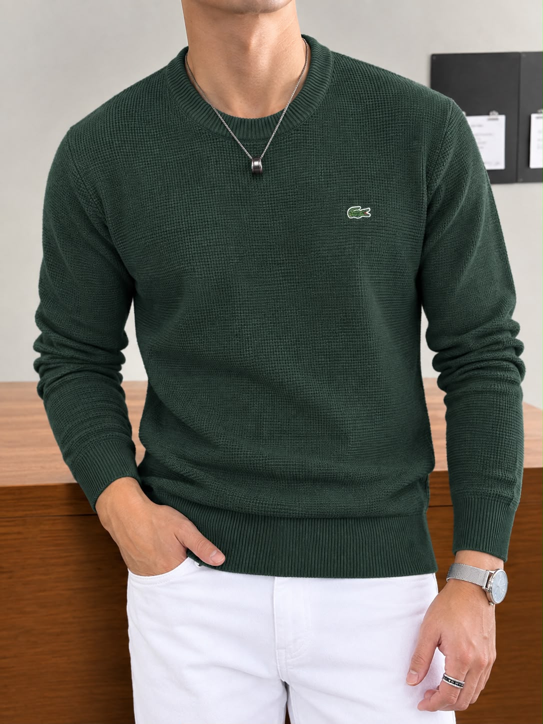 Textured Waffle-Knit Long-Sleeve Crewneck Sweater