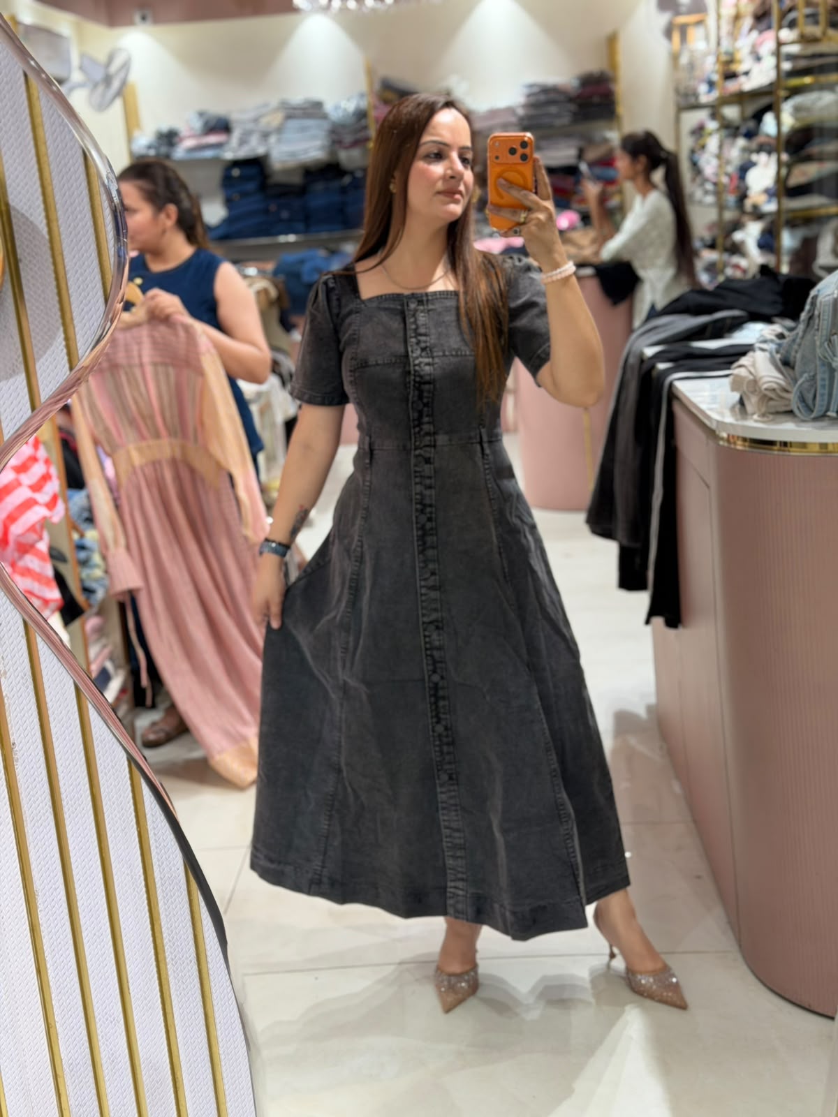 Premium Denim Button-Front Midi Dress