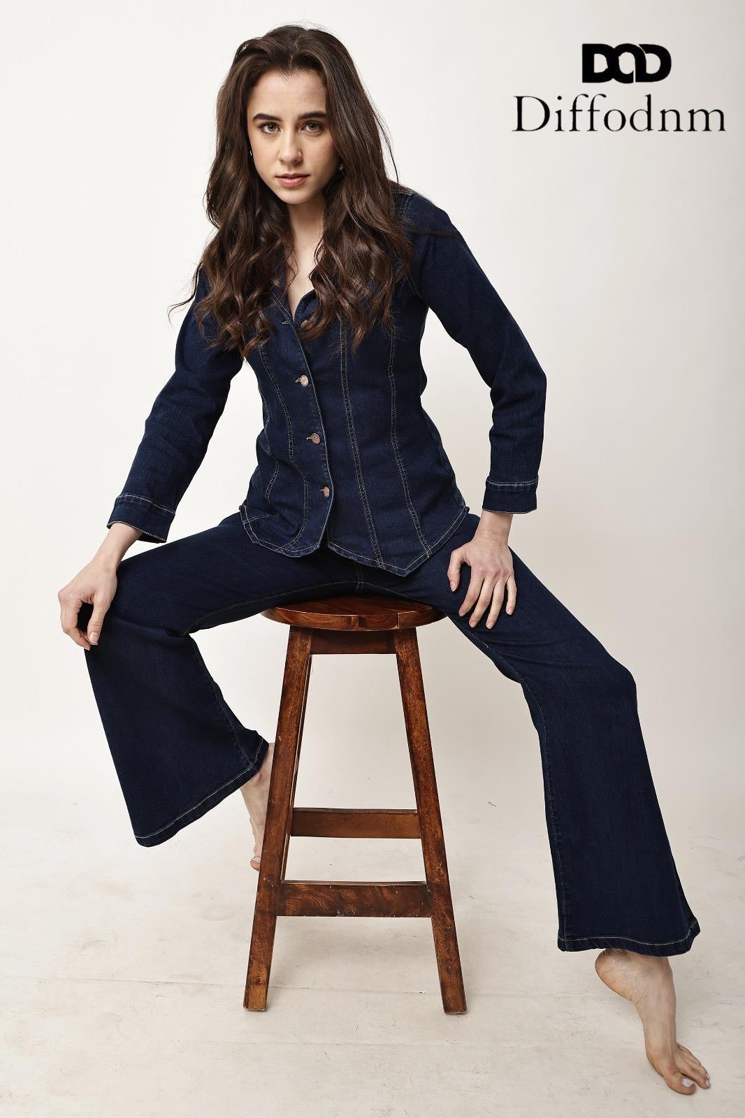 Women’s Dark Wash Fitted Denim Shirt & Bootcut Jeans Two-Piece Co-Ord Set