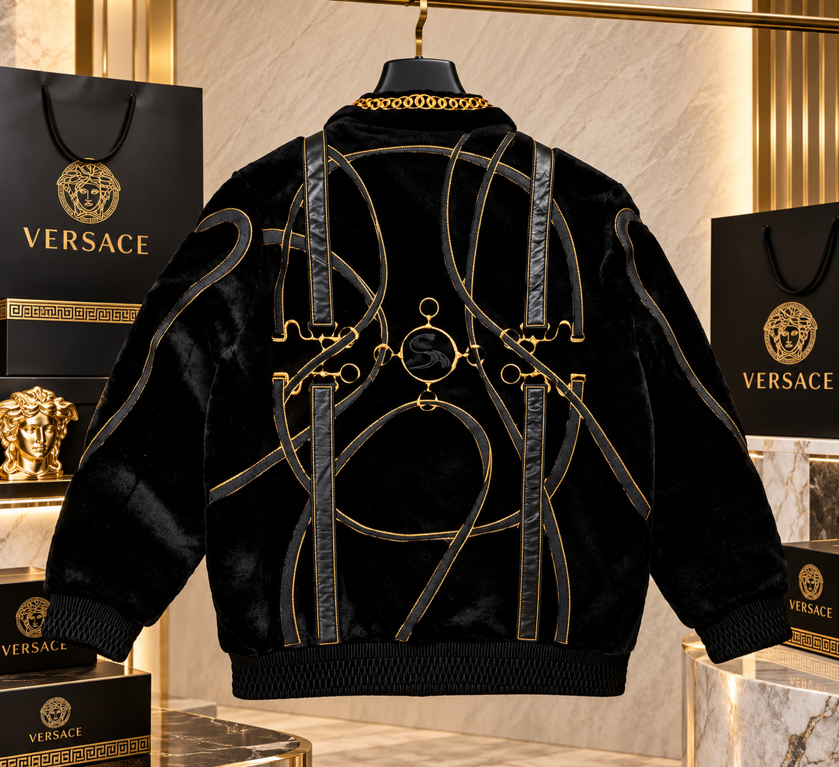 "The Sovereign Heir" – Black Velvet Gold-Chain Trimmed Equestrian Bomber Jacket