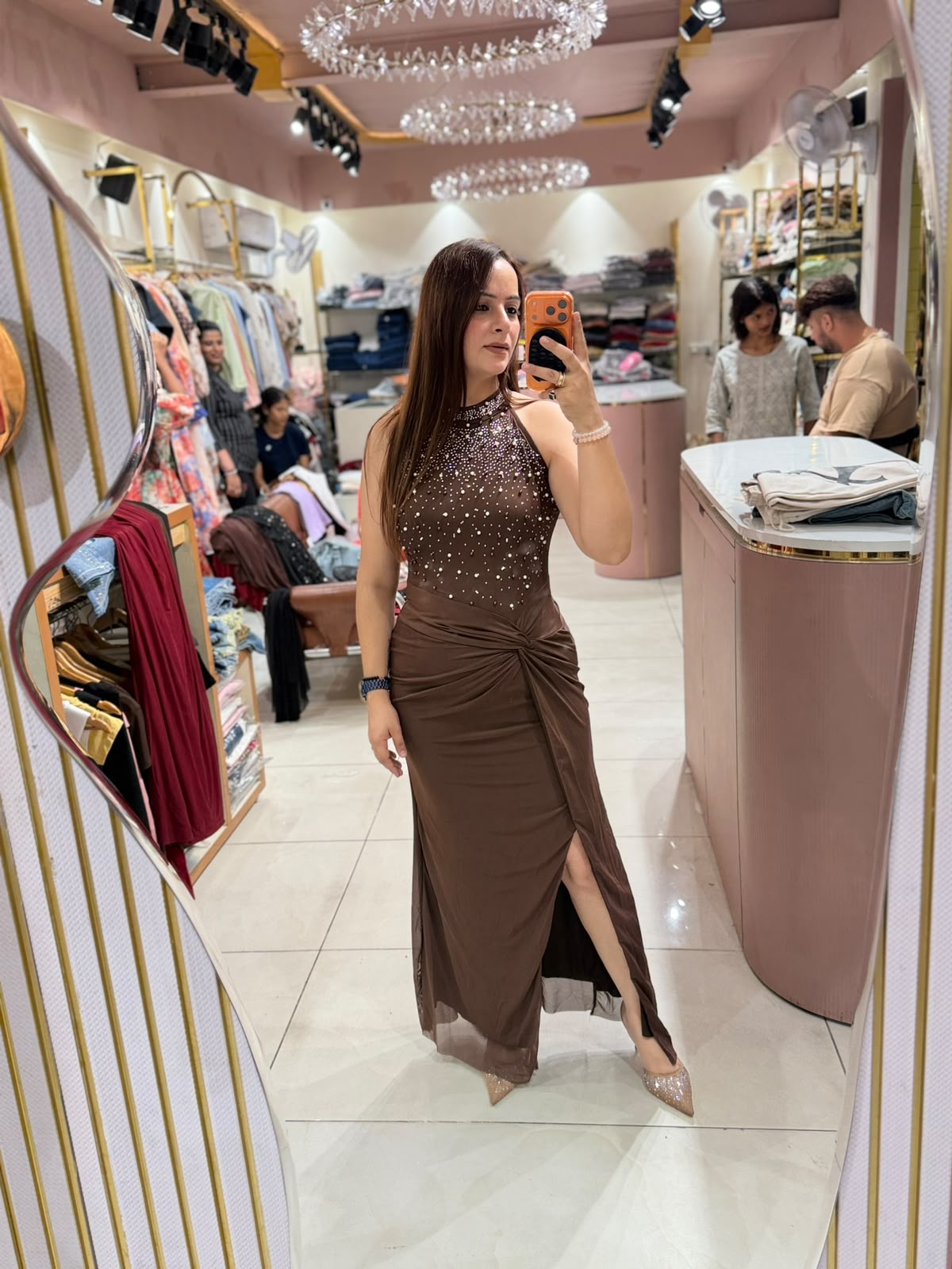 Women's Rhinestone Halter Neck Ruched Slit Maxi Party Dress