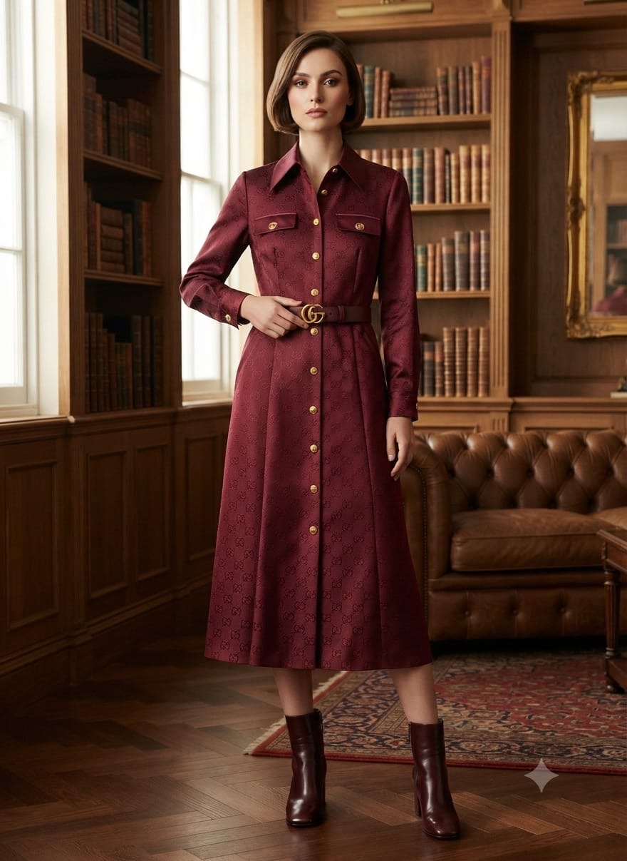 GG Monogram Belted Jacquard Long-Sleeve Midi Shirt Dress
