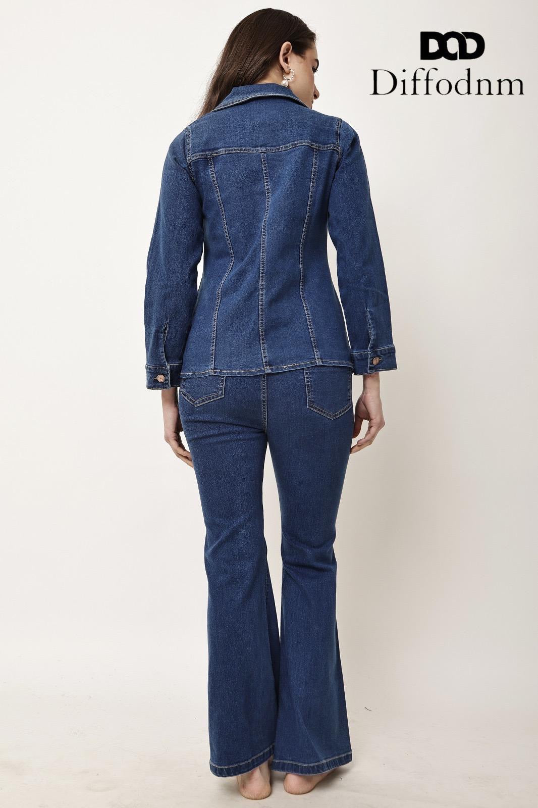 Women’s Dark Wash Fitted Denim Shirt & Bootcut Jeans Two-Piece Co-Ord Set
