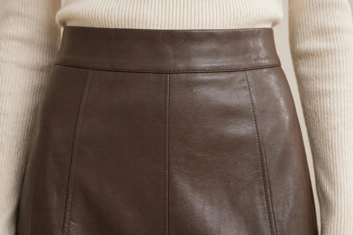 Women's Elegant High-Waisted Paneled Leather A-Line Midi Skirt