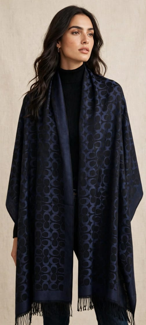 Women's Jacquard Monogram Fringed Cape Shawl Wrap