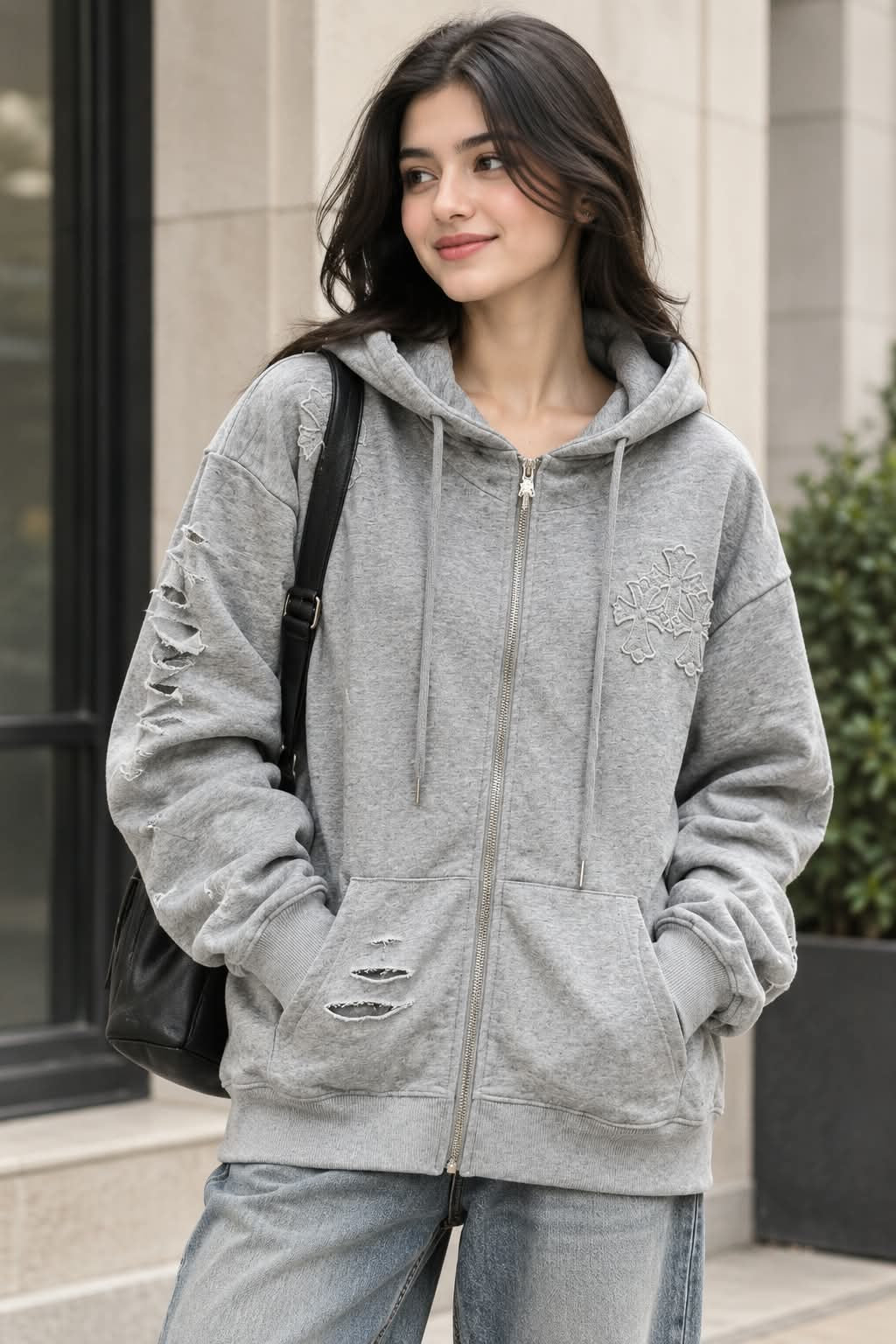 Distressed Cross-Patch Oversized Full-Zip Hoodie