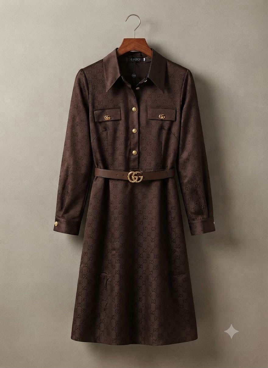 GG Monogram Belted Jacquard Long-Sleeve Midi Shirt Dress